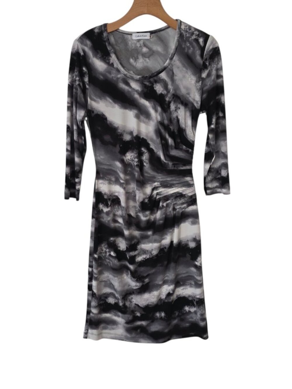 Calvin Klein Dress Watercolor Black & Gray Side Ruched 3/4 Sleeve Pullover Sz 6
